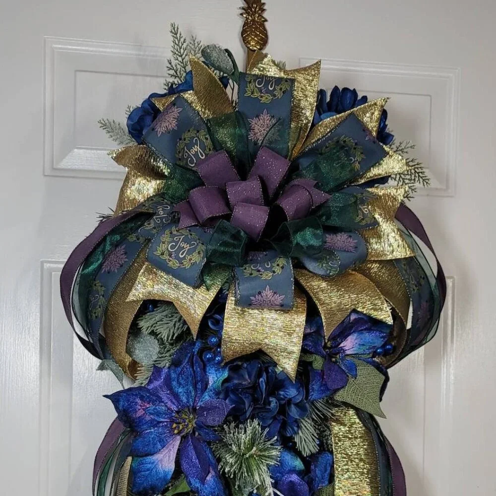 Blue Joy Poinsettia and Hydrangea with Mixed Pines Swag, Holiday Swag
